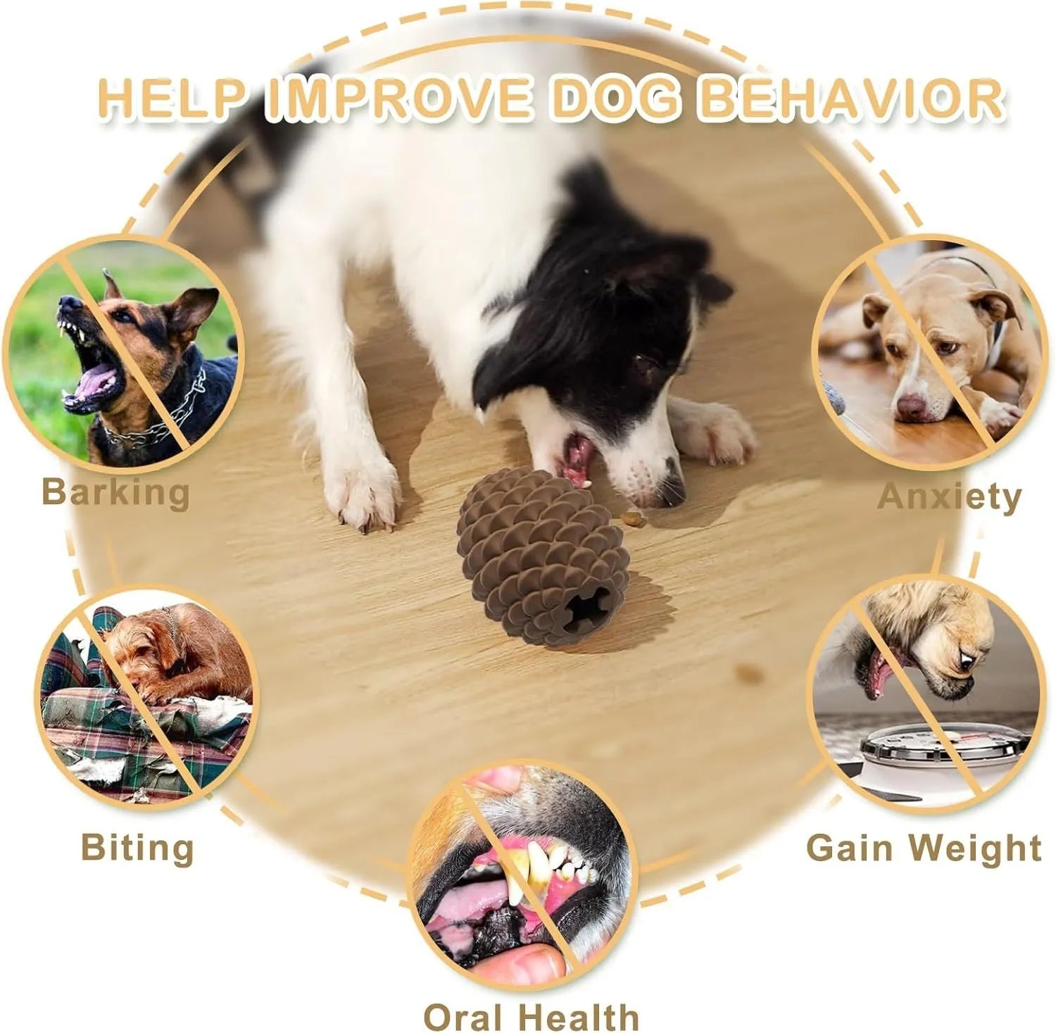 Yellow pine cone-shaped natural rubber dog toy with textured surface and treat dispenser hole.