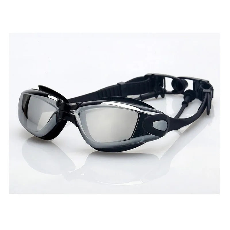 Classic style silicone swimming goggles with anti-fog PC lens on a blue background