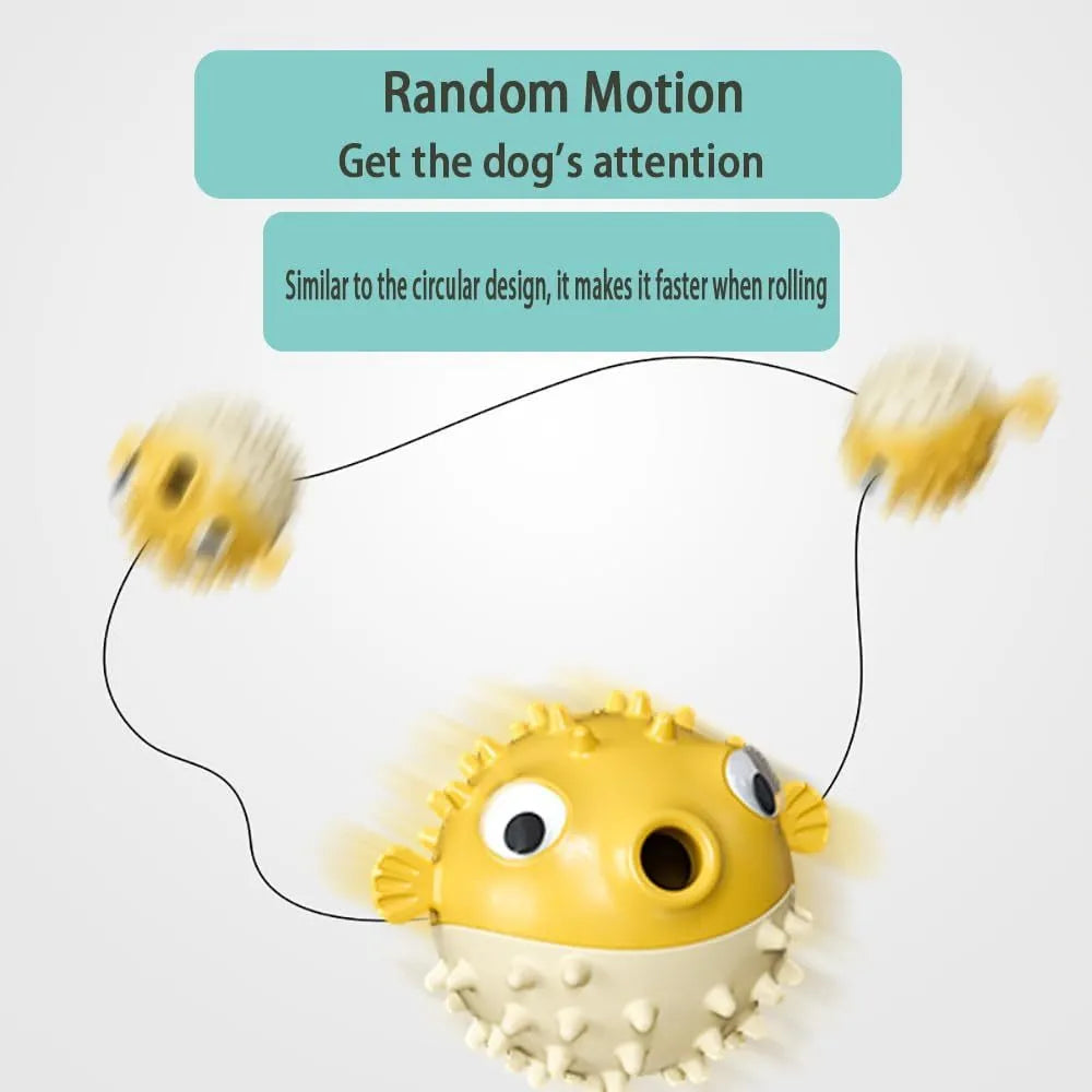 Green fish-shaped interactive dog toy with textured surface and treat dispensing opening