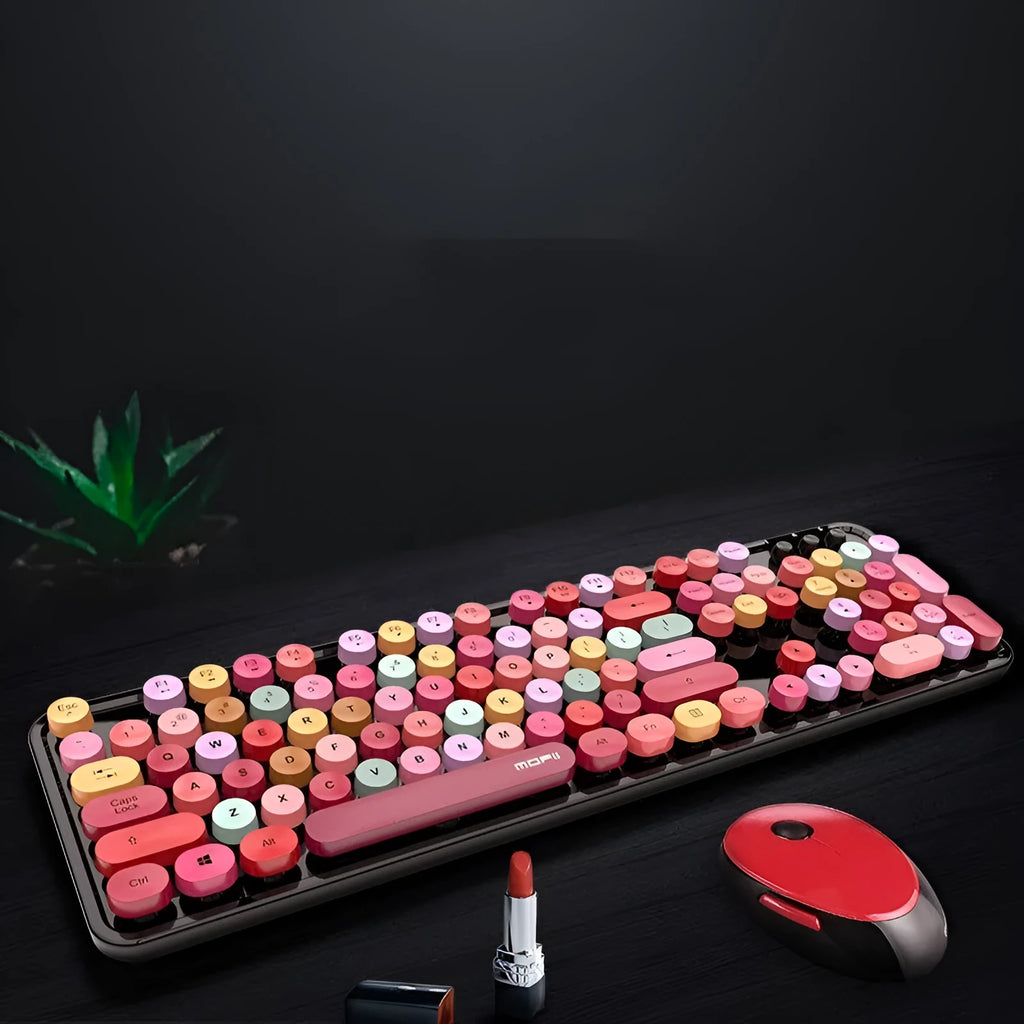 Wireless keyboard and mouse set with colour lipstick design multimedia keys and USB receiver