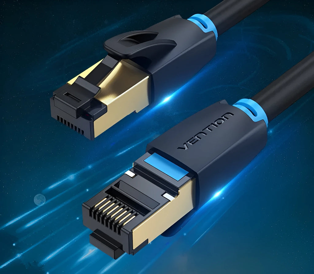CAT8 high-speed flat and round Ethernet network cables in various lengths from 0.5 to 10 metres.