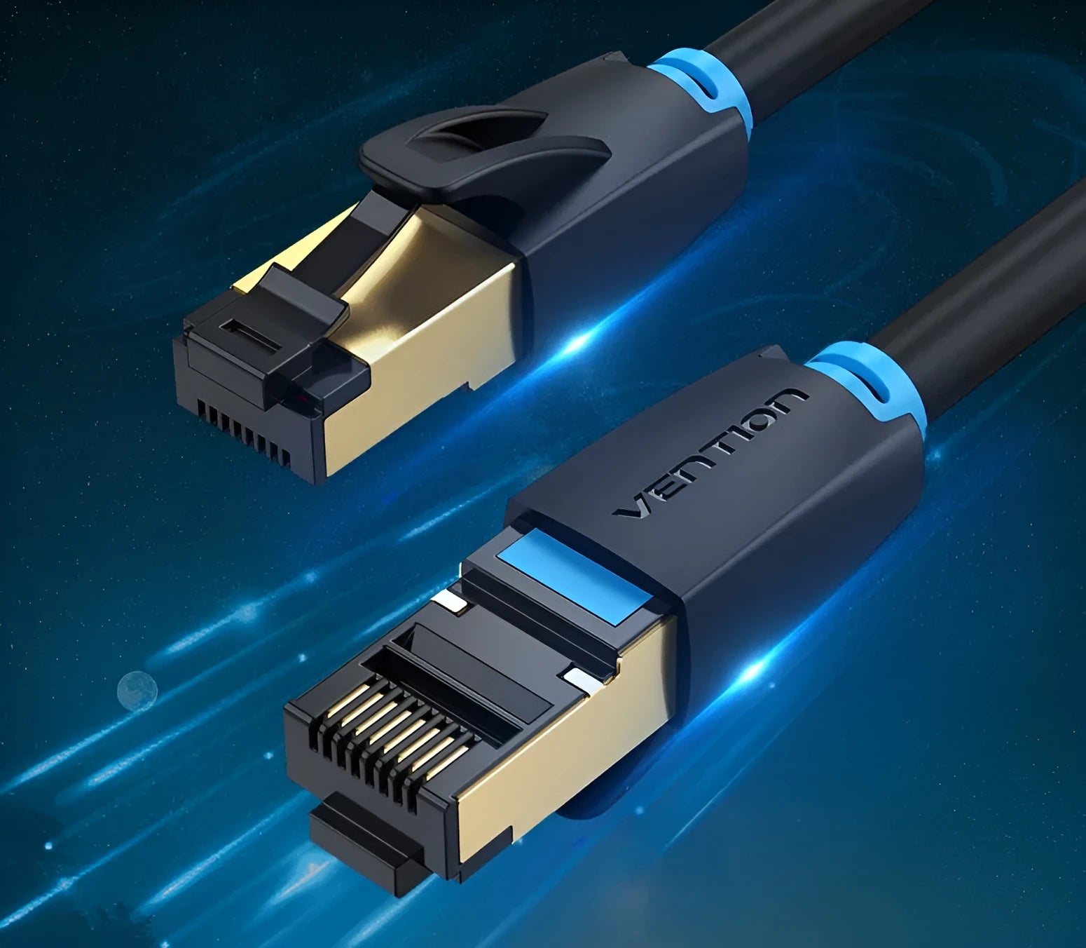 CAT8 high-speed flat and round Ethernet network cables in various lengths from 0.5 to 10 metres.