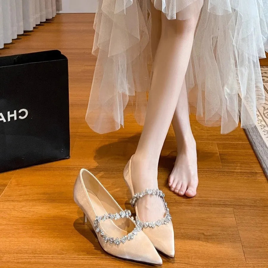 French wedding shoes apricot colour rhinestone pointed toe stiletto heels 6-8cm