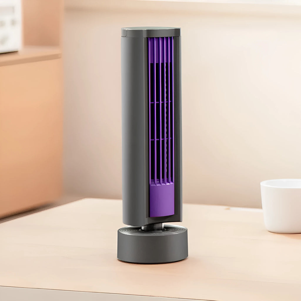 Milky white leafless desktop fan with brushless motor, auto-shake head, and USB power on a desk