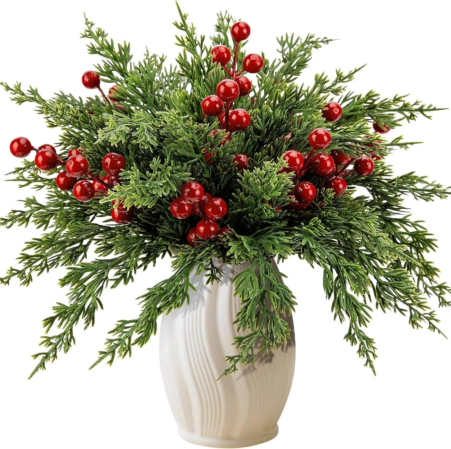 Artificial flower arrangement with 45 plastic stems including green pine branches and red berries at 20cm height