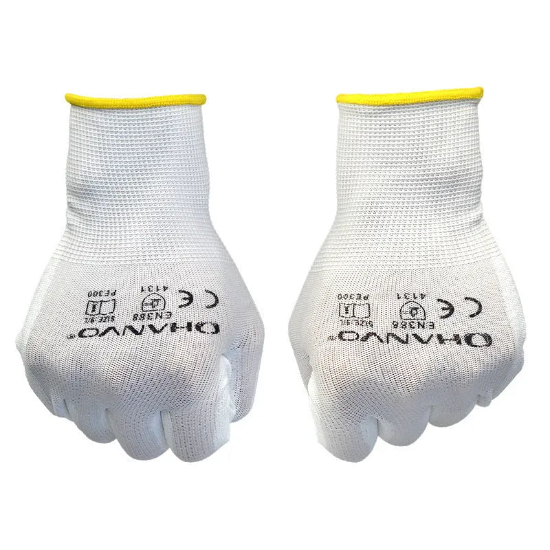White PU coated work gloves showing flexible design and 24cm length, suitable for labour and gardening