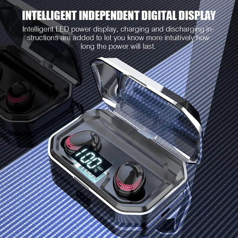 Black X10 Bluetooth wireless headset with a charging case on a white background.