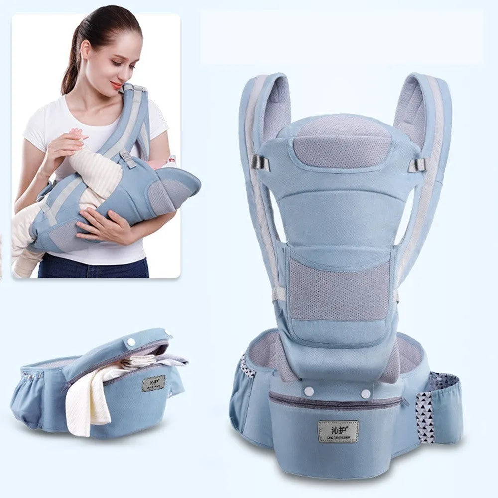 Baby waist stool carrier in blue with breathable mesh, adjustable waistband 71-110cm, cotton fabric