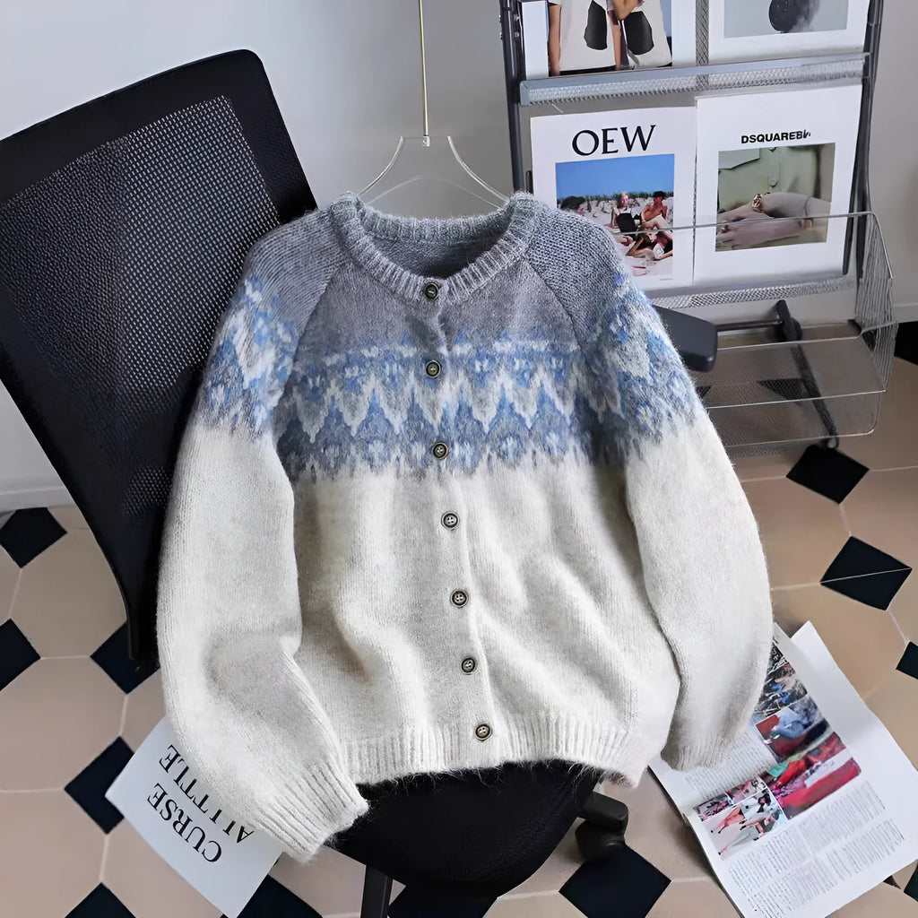 Women's loose-fit jacquard sweater coat in beige, brown, or navy blue with long sleeves.