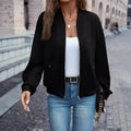 Black women's polyester casual jacket with long sleeves and zip closure