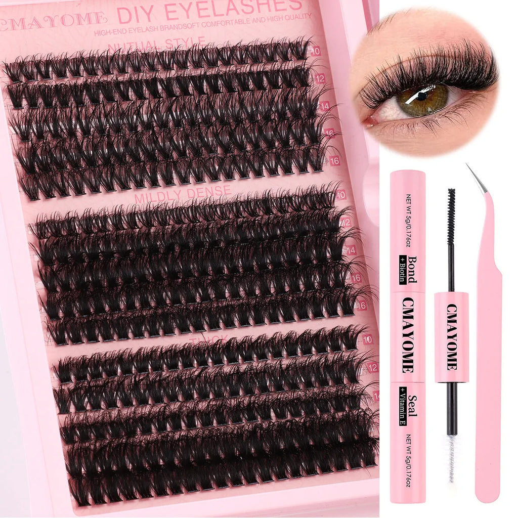 DIY false eyelashes extension suit with cluster lashes and metal tweezers