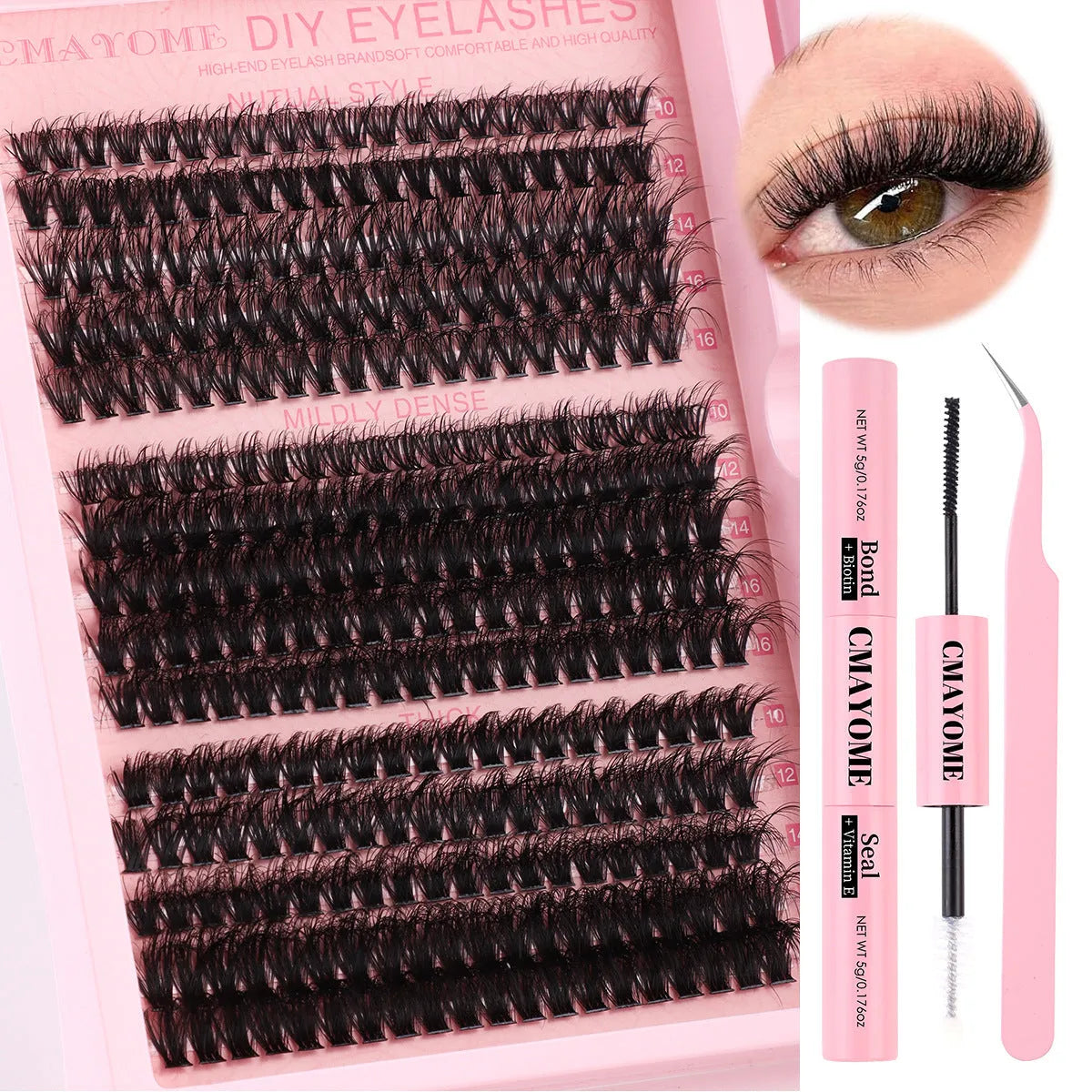 DIY false eyelashes extension suit with cluster lashes and metal tweezers