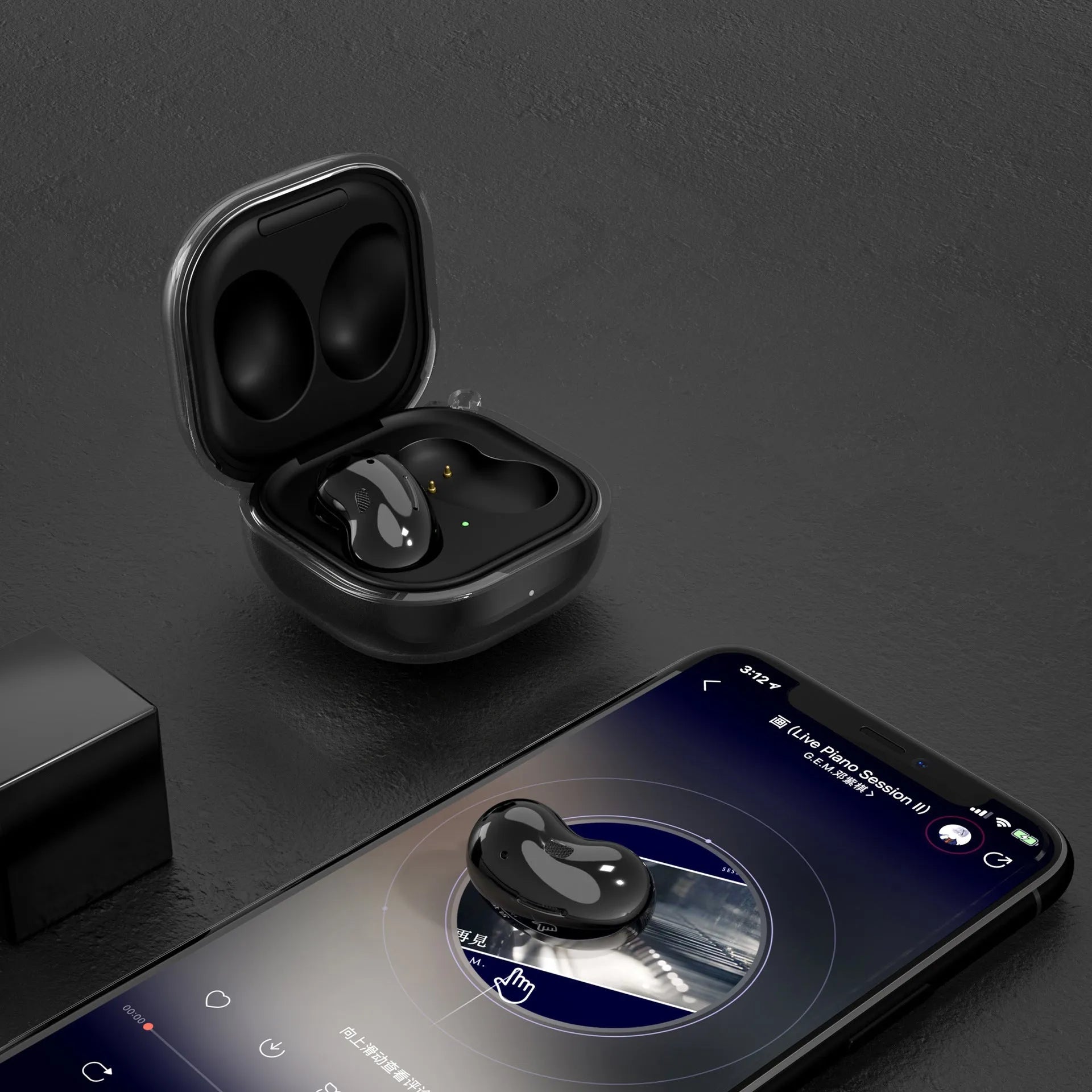 Translucent clamshell-style Bluetooth earphone replacement case in clear, gold, black, and purple colours.