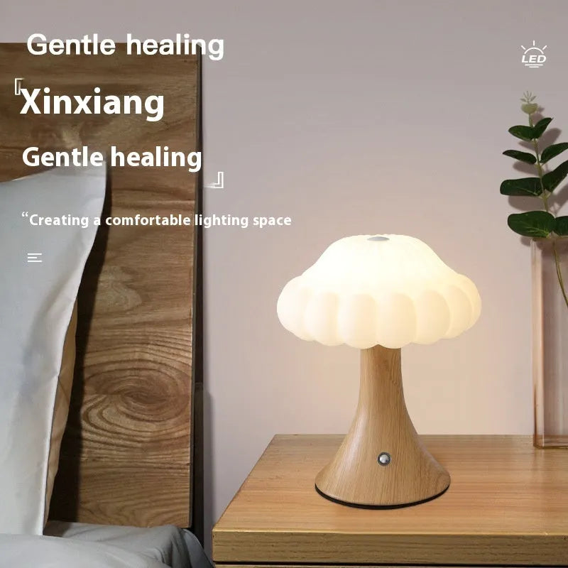 Mushroom lamp with touch control and USB charging in wood grain, white, cream, grey, or black colour
