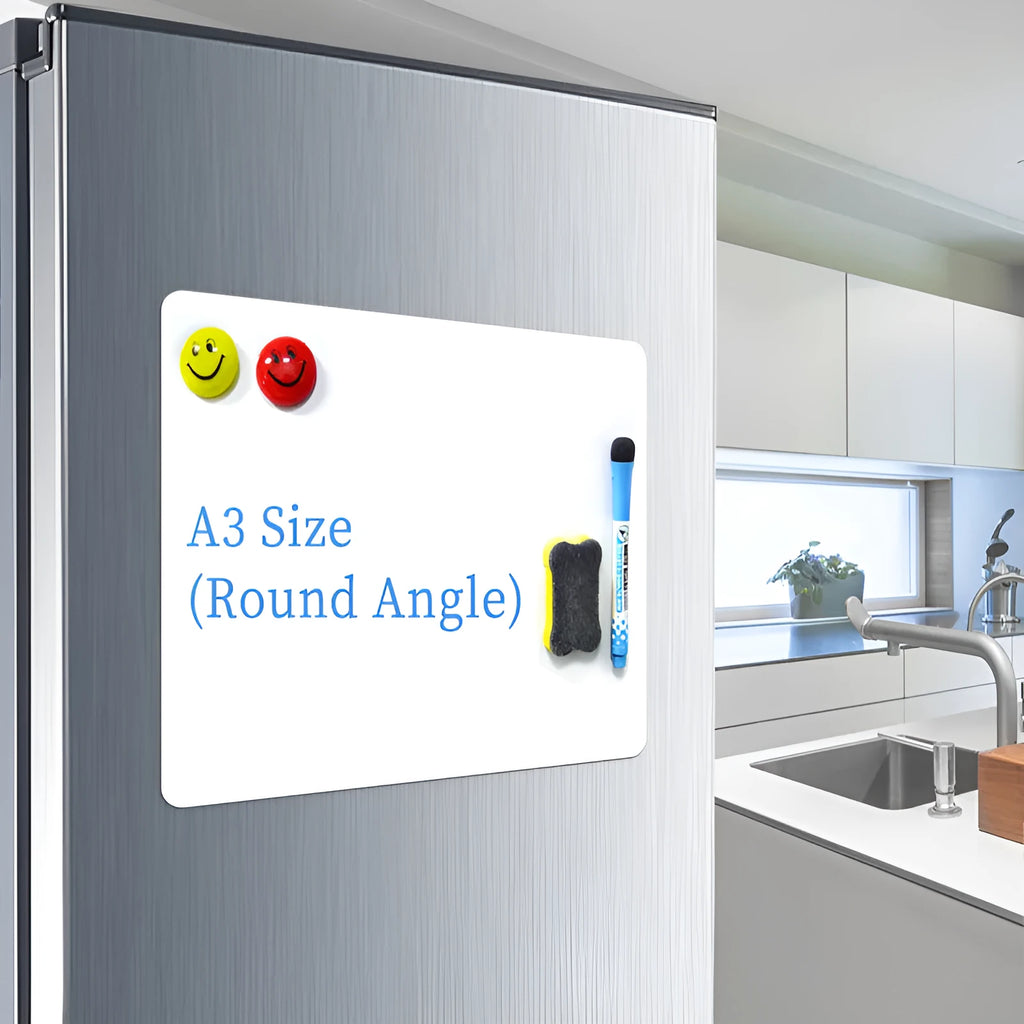 A3 magnetic whiteboard with rounded corners on refrigerator surface showing handwritten notes