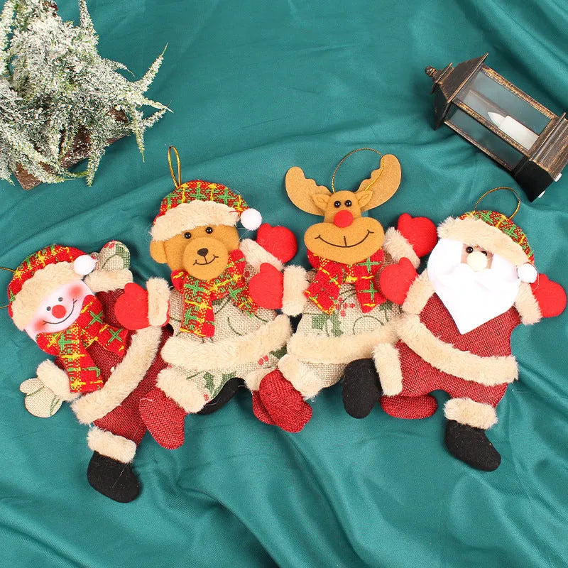 Set of four Christmas tree ornaments featuring Santa, snowman, reindeer and bear figures with red and white scarves