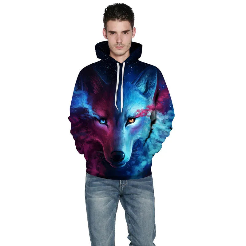 Men and women wearing a galaxy wolf print sweatshirt, long sleeve unisex pullover in black with starry space design