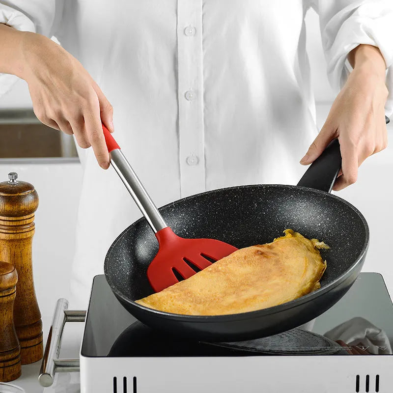 8-piece silicone kitchenware set with stainless steel tube handles in black and red