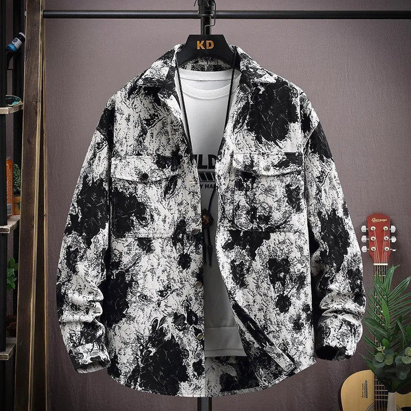 Casual lapel shirt coat in polyester fibre, shown in a colour option like blue or black, with long sleeves and a straight hem.