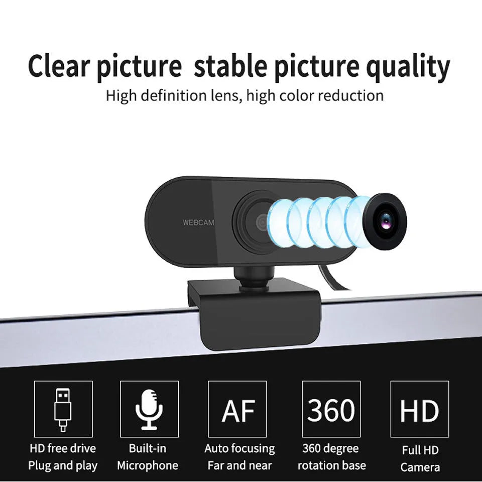 1080P USB webcam with rotatable microphone and HD objective lens in black