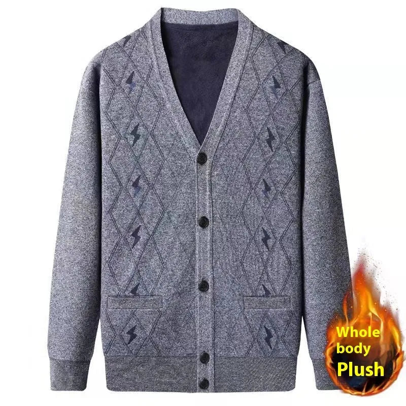 Men's plus size batwing sleeve cardigan in grey with velvet lining, suitable for autumn and winter.