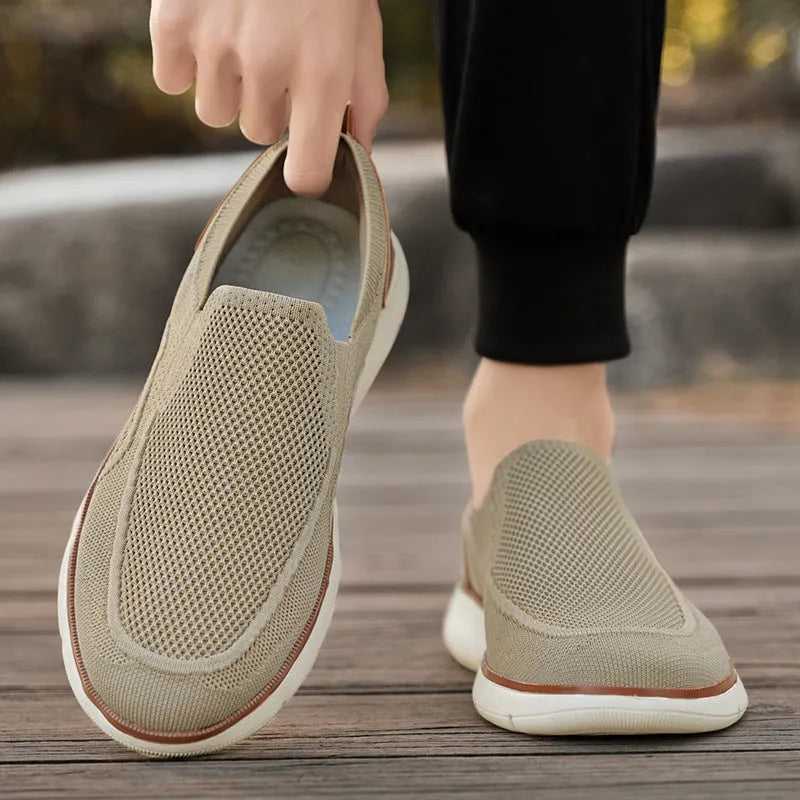 Breathable fly woven mesh men's casual shoes in khaki with hollow-out design and flat heel