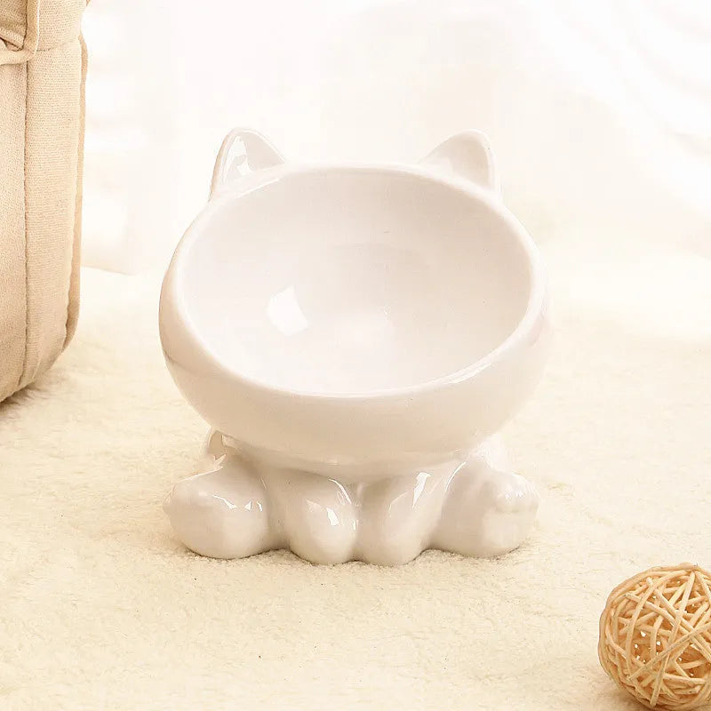 Ceramic cat bowl with neck guard and oblique mouth design, colour Black and White