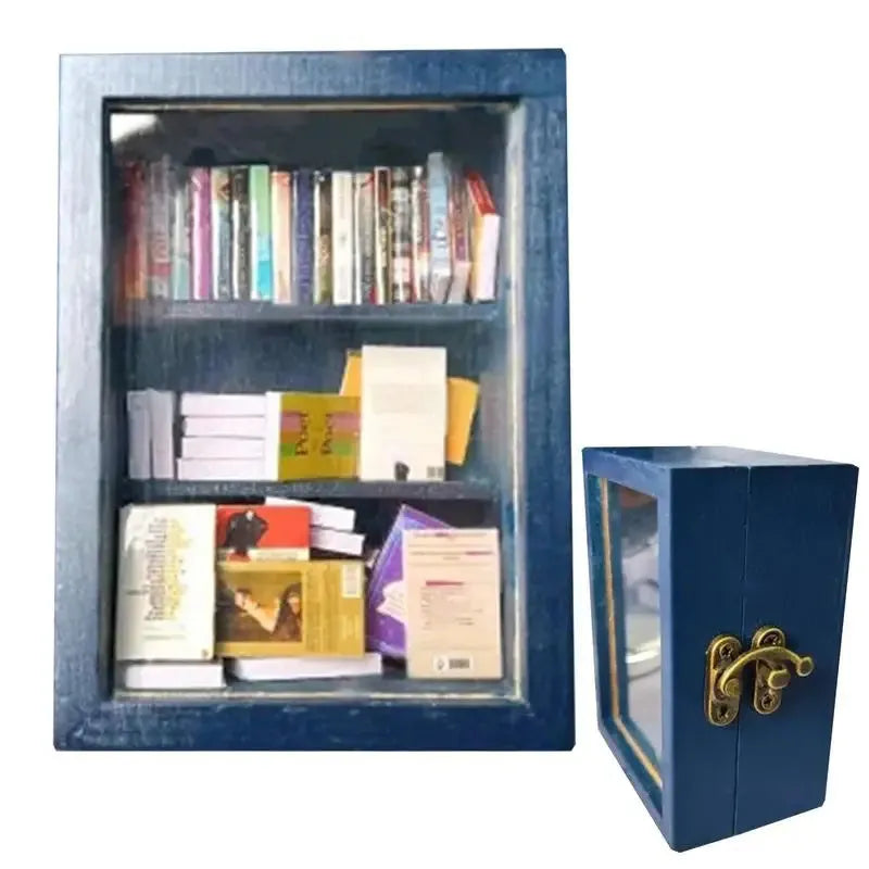 Mini wooden anti-anxiety bookshelf ornament with 60 mini books, 10x8x5cm, for desktop decor.