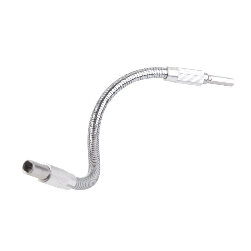 Silver metal flexible shaft for cordless drills with a 6.35mm shank, shown in various lengths.