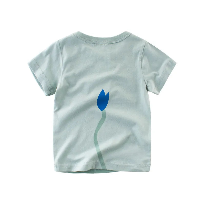 Children's cotton t-shirt with green lion print, showing size label for 120cm.