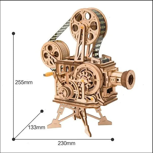 Wooden three-dimensional puzzle film projector with hand crank and gear wheel assembly
