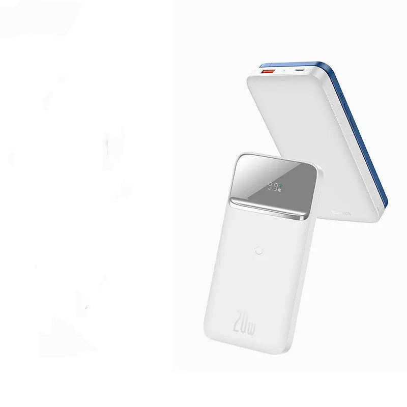 White or blue MagSafe magnetic wireless power bank with LCD display showing battery percentage