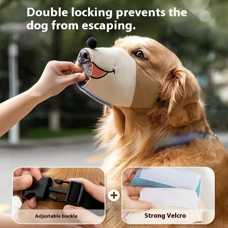 Canvas dog muzzle in Ollie Brown Bear colour, shown alongside Bondi Blue Shark option, with S, M, L, XL size labels.