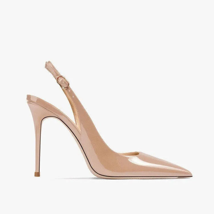 Women's nude leather ankle-strap high heels with hollow design and button fastening