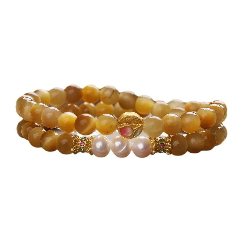 Natural gold tigereye double ring Hetian jade bracelet for women with yellow electroplated flower shape
