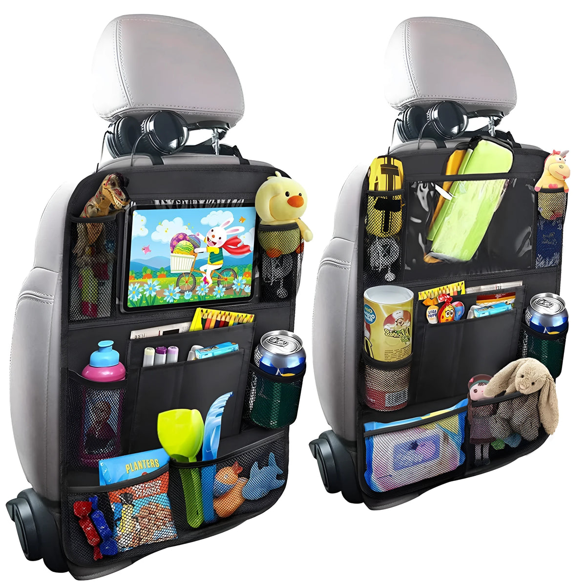 Black car seat back storage pouch with 9 bags and touch screen iPad holder, 61x41cm, 600D Oxford cloth