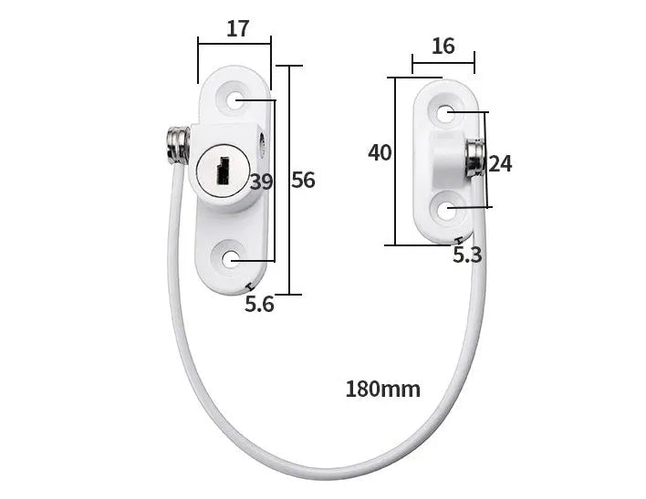 White window security chain lock with 18cm steel cable and locking head on a window frame