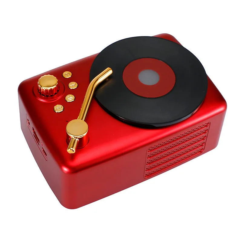T12 record player with Bluetooth 5.0 in black, showing top view with vinyl record on platter and control buttons