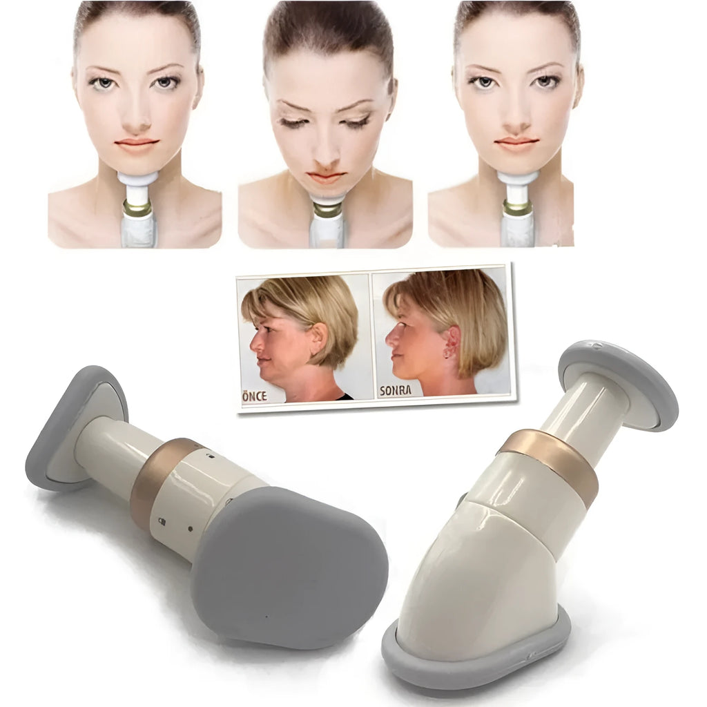 White mini chin massager neck exerciser with three adjustable springs and Oxford carry bag on plain background