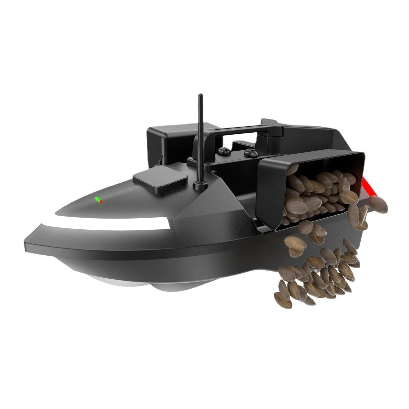 Black GPS remote control fishing boat with antenna on a calm lake