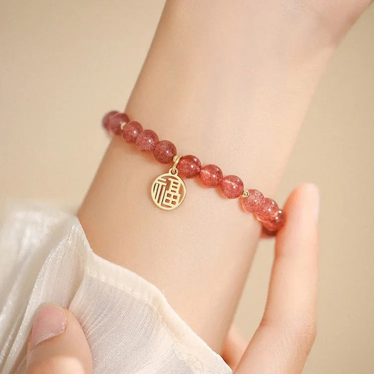 Strawberry quartz blessing card bracelet with clear glass and red gemstones