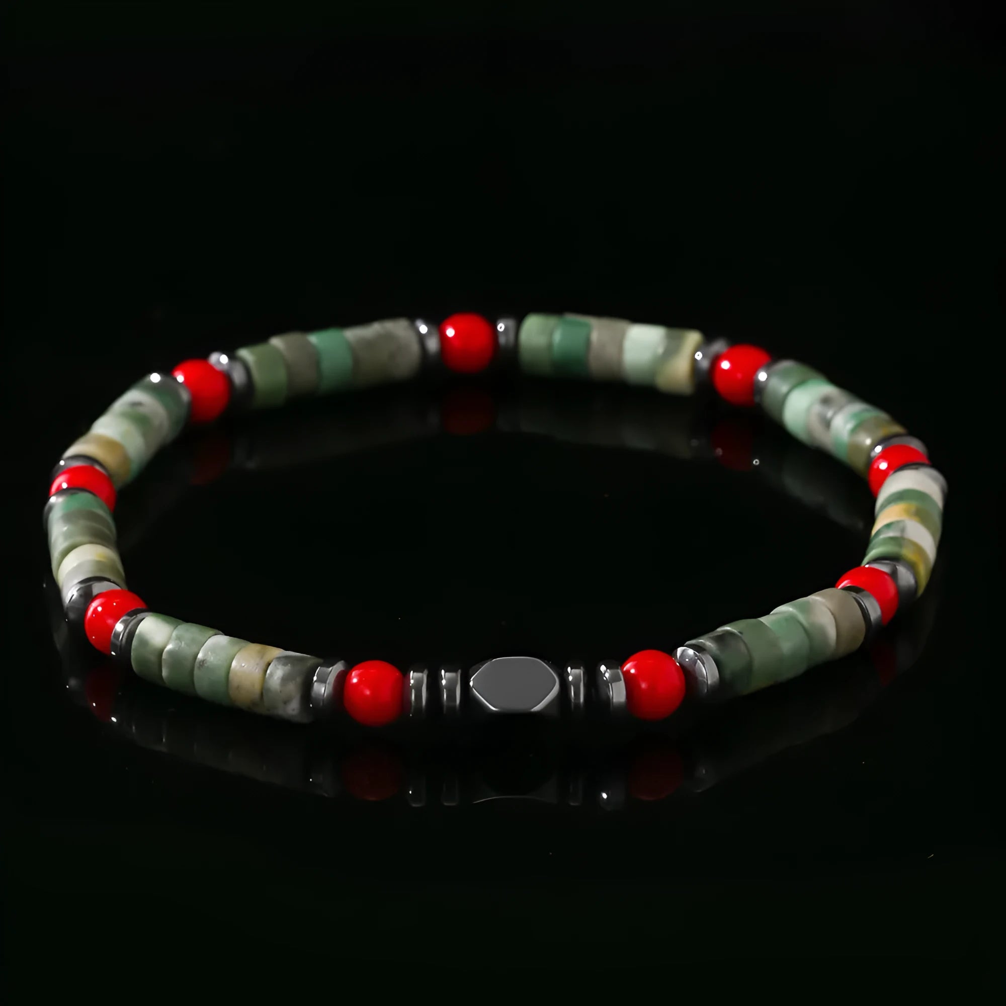 Bohemian style bracelet with cylindrical natural stone beads on an adjustable string for men.