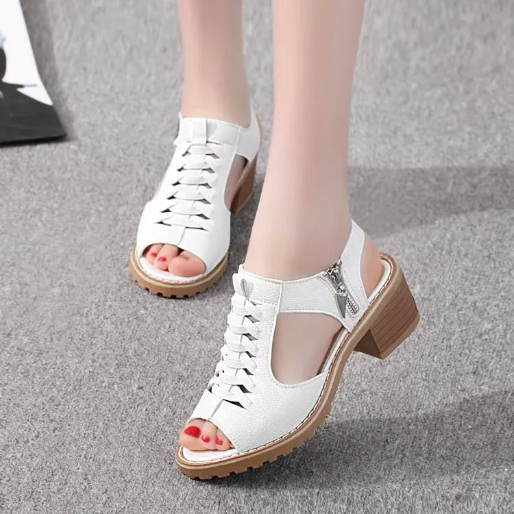 Women's black retro sandals with a side zipper and a mid-height beef tendon sole.