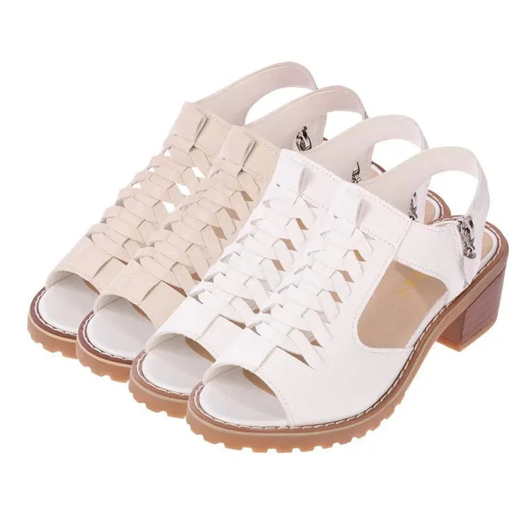 Women's black retro sandals with a side zipper and a mid-height beef tendon sole.