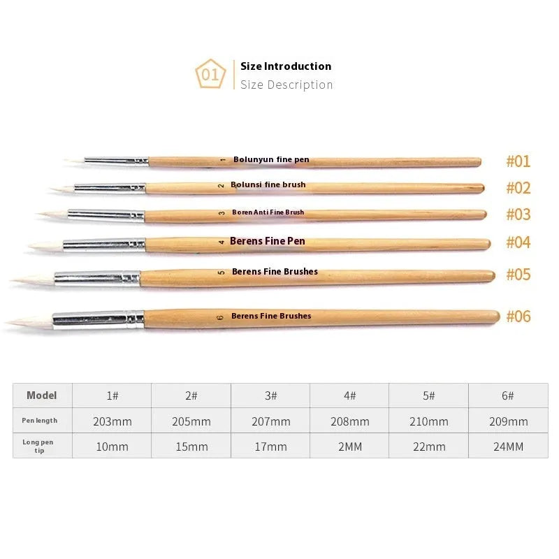 Six-piece wooden artistic brush set with pointed wool tips for line art painting