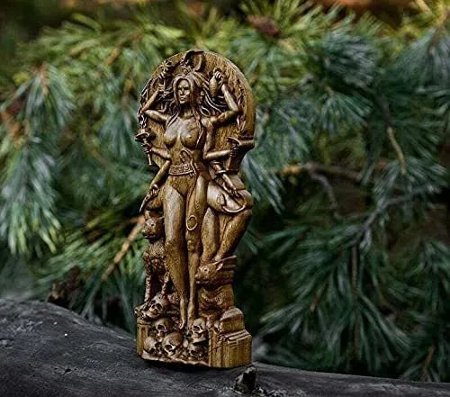 A detailed synthetic resin Greek goddess statue on a stand for altar or garden use.