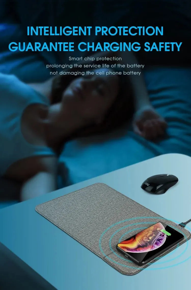 Grey foldable cloth phone holder with wireless charging stand on a desk