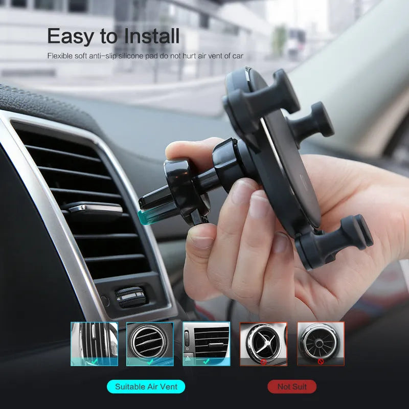 Black gravity car vent phone holder with 360-degree rotation on a car air vent
