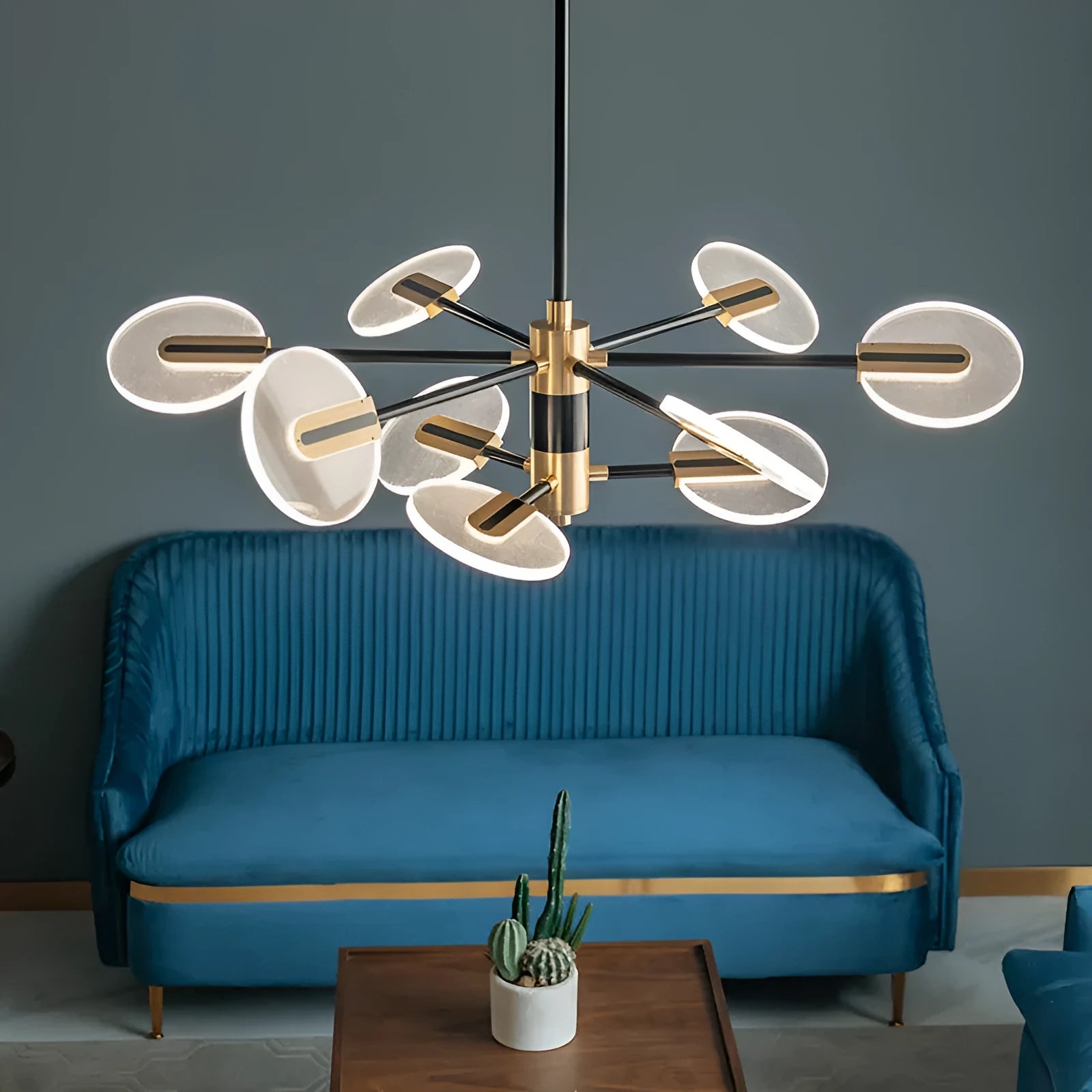Nordic style iron LED chandelier with acrylic shades in multiple head configuration