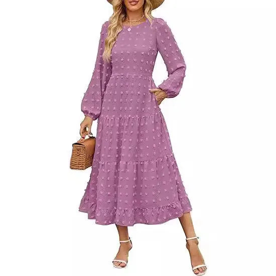 Women's beige high waist long sleeve dress with ruffle sleeves, shown front view.